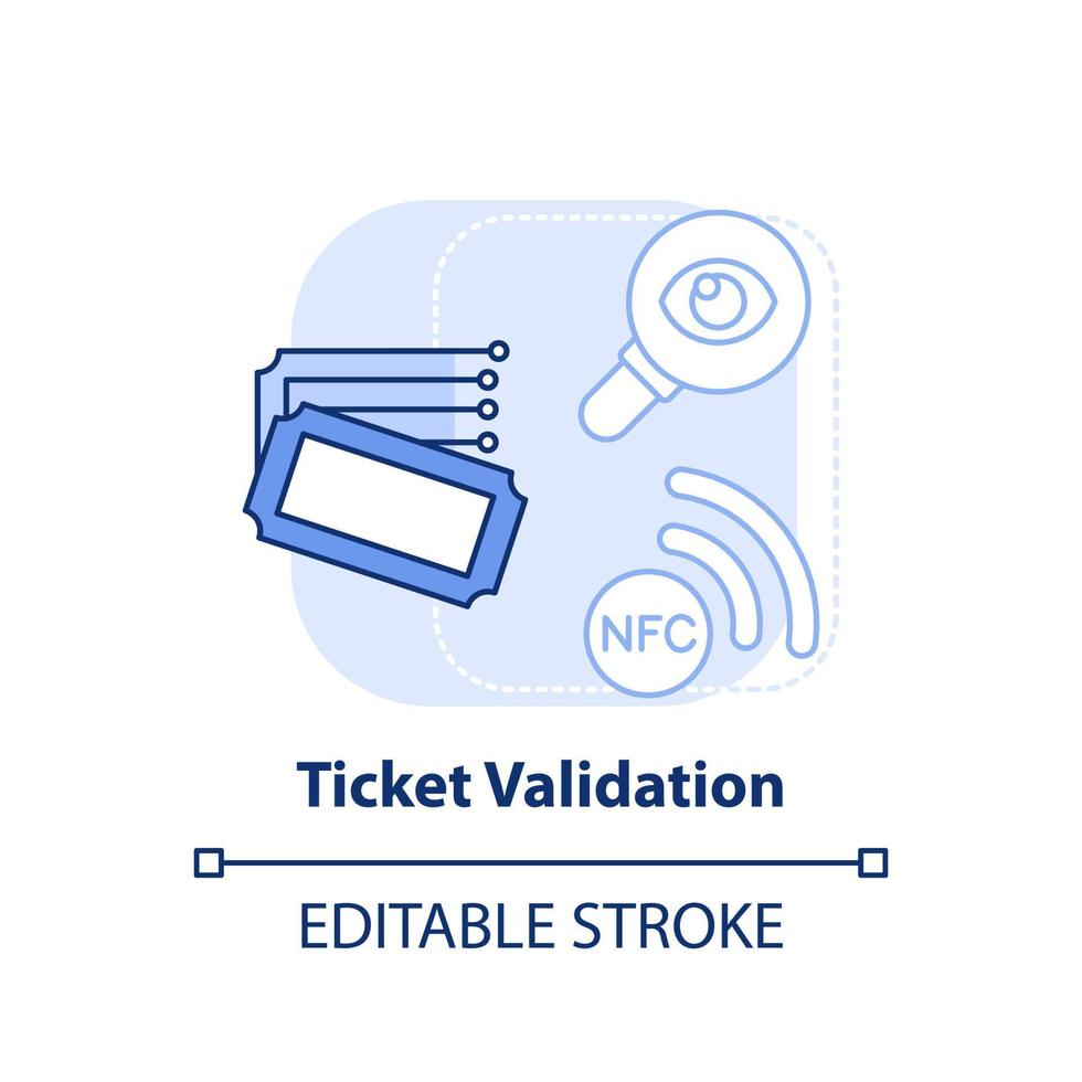 icône de concept bleu clair de validation de billet. acquisition de billet. illustration de ligne mince d'idée abstraite de question de maas. dessin de contour isolé. trait modifiable. vecteur