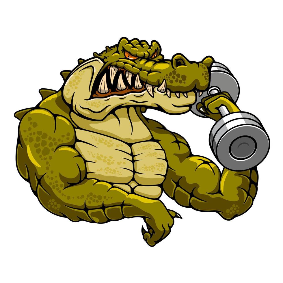mascotte de crocodile dessin animé avec haltère vecteur