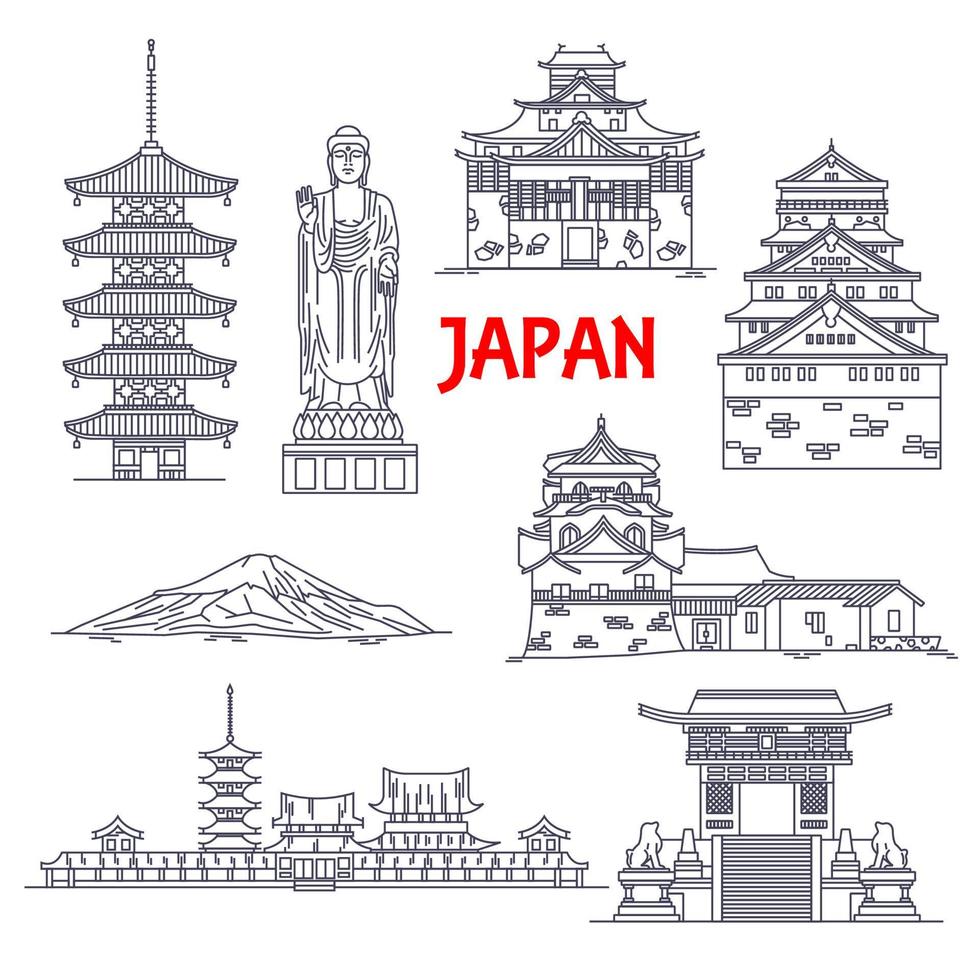 célèbres monuments de voyage du japon icône de fine ligne vecteur