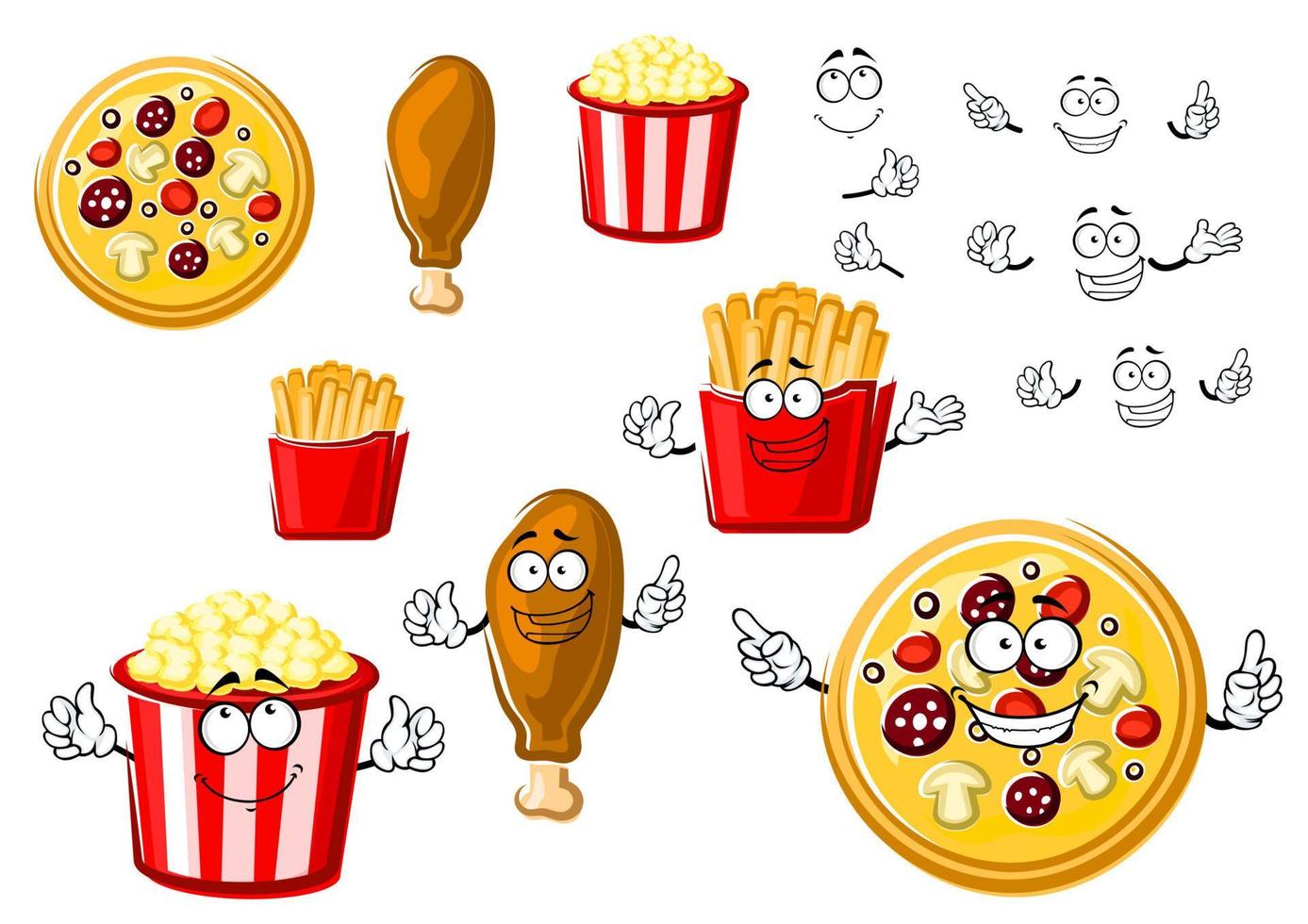 pizza, cuisse de poulet, frites et pop-corn vecteur