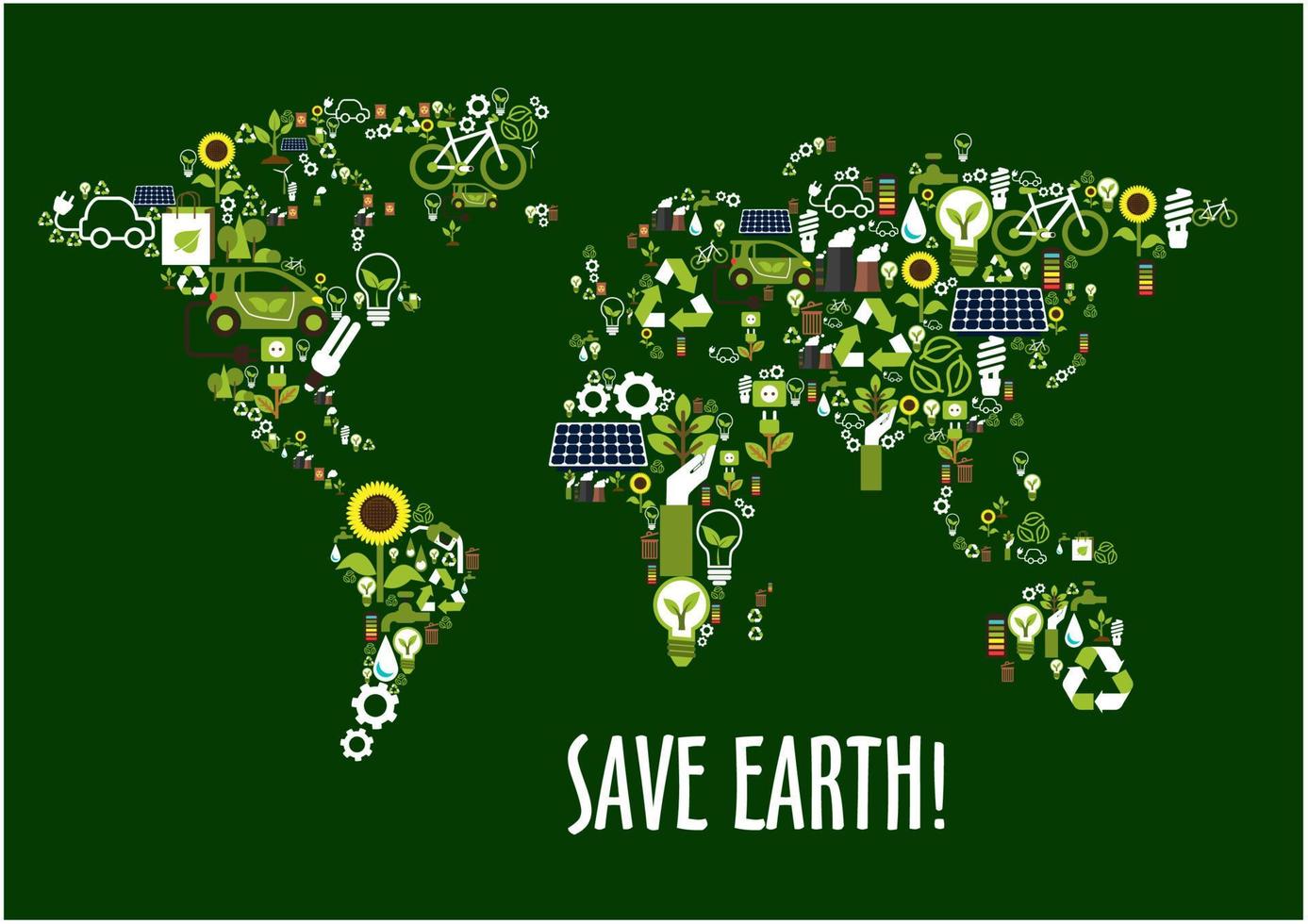 icône de la carte du monde composée de symboles écologiques vecteur