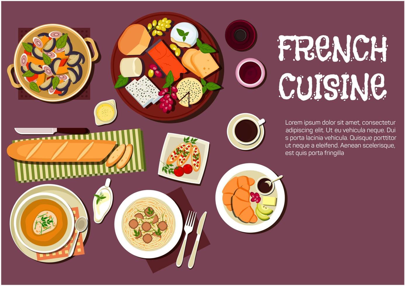 déjeuner gastronomique de cuisine française icône plate vecteur