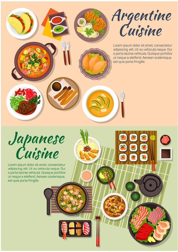 icône plate de cuisine populaire argentine et japonaise vecteur