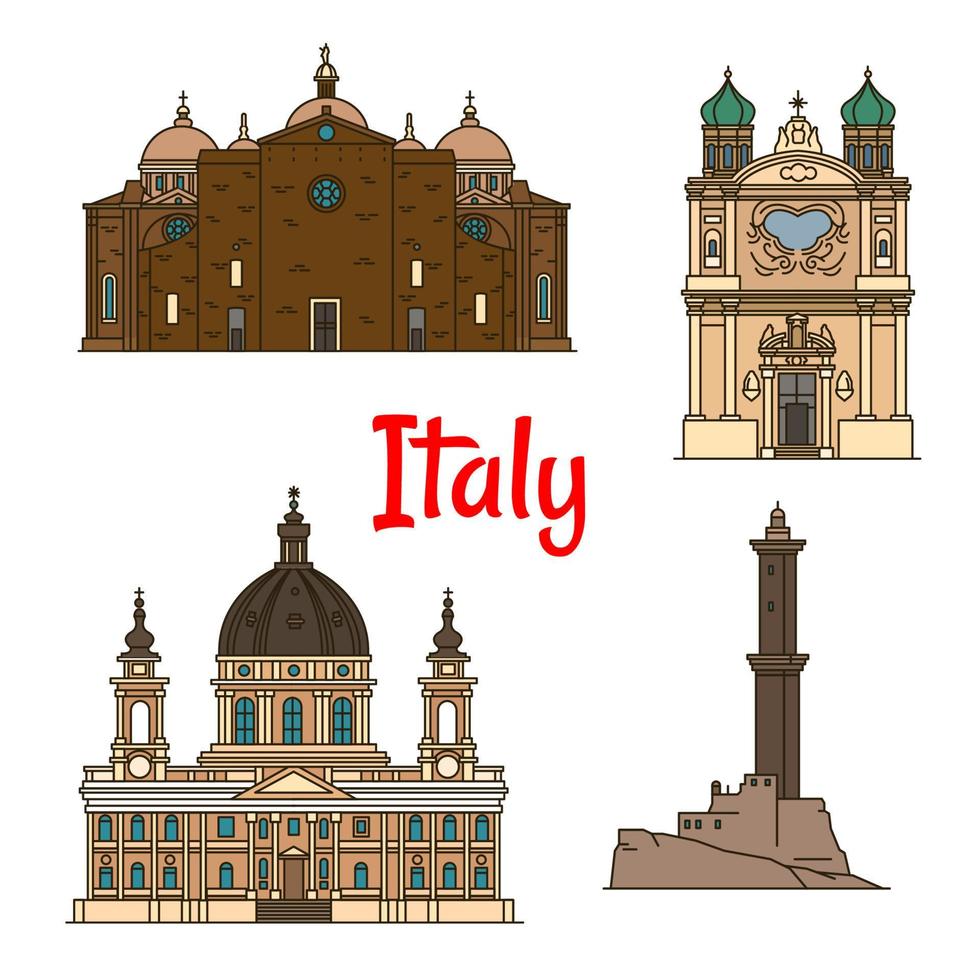 monuments de voyage de l'italie, icônes de la ligne mince vecteur
