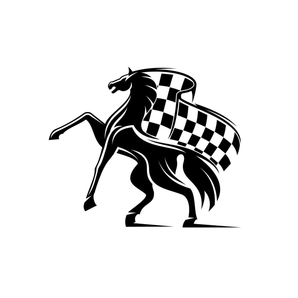 cheval avec drapeau à damier ondulant. emblème de course vecteur
