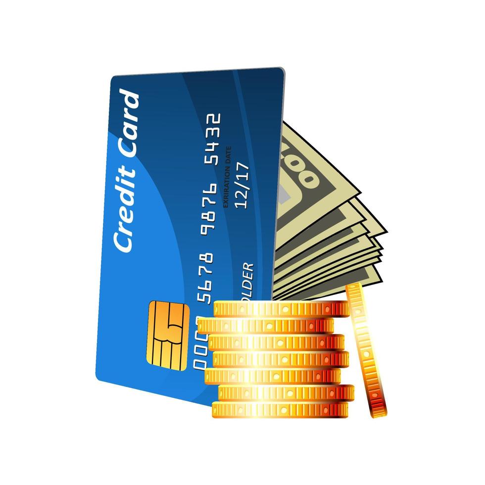 carte de crédit avec de l'argent et des pièces d'or vecteur