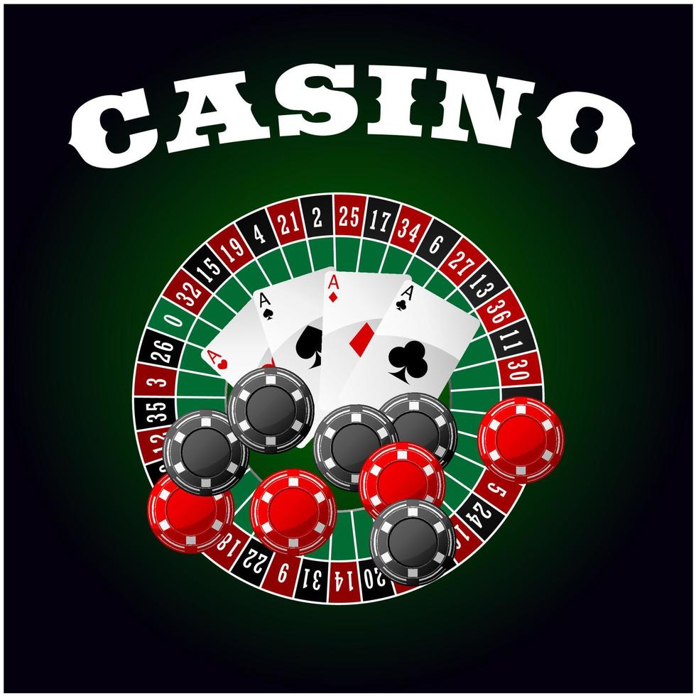 icône de casino avec quatre as, jetons et roulette vecteur