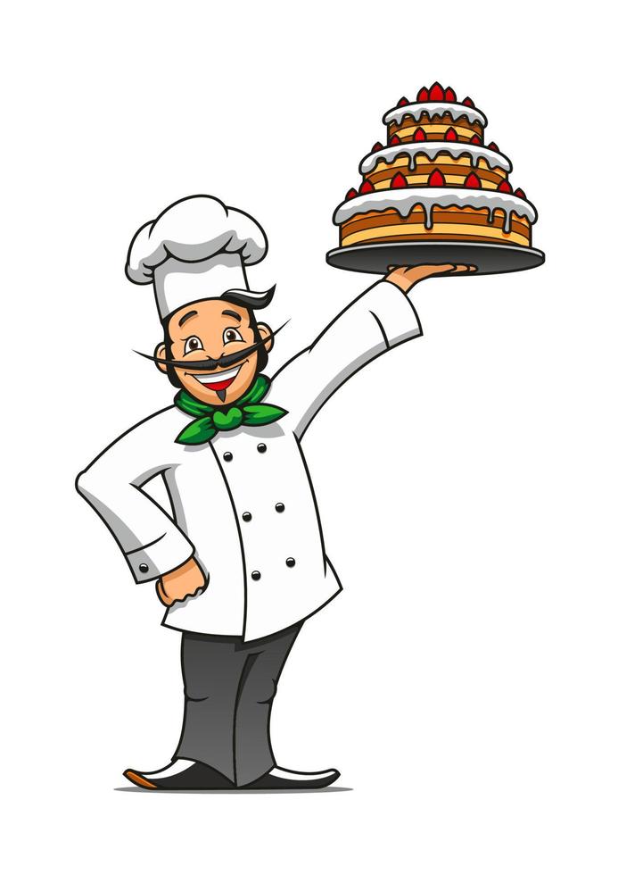 chef français de dessin animé avec un gâteau au chocolat vecteur