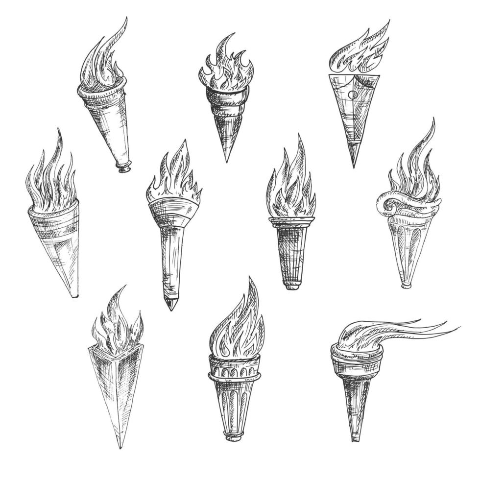 torches enflammées dans un style de croquis rétro vecteur