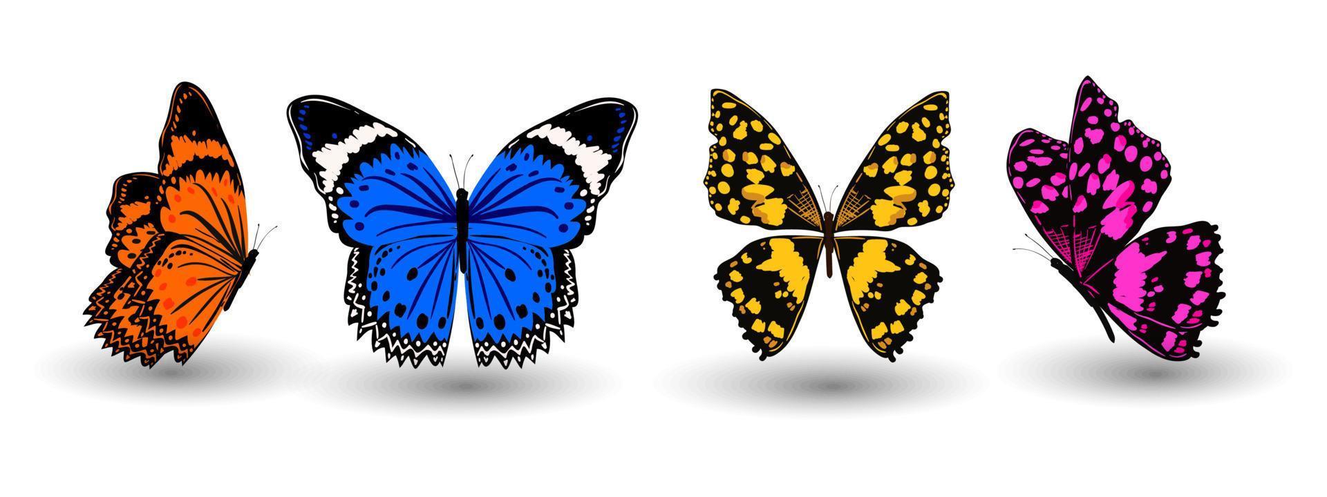 icône papillon. insecte papillon réaliste avec de belles ailes de couleur jaune orange violet bleu. signe animal pour la création de logo, affiche, impression de t-shirt, illustration vectorielle isolée sur fond blanc vecteur