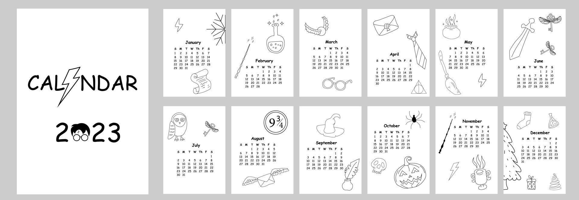 Conception du calendrier 2023. planificateur de calendrier magique doodle dessiné à la main style minimal, organisateur annuel. illustration vectorielle. couleur noir et blanc vecteur