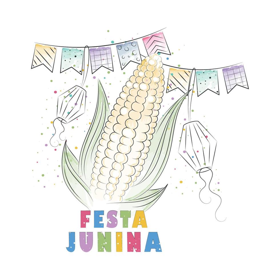 maïs aquarellé avec décorations de fête festa junina affiche illustration vectorielle vecteur