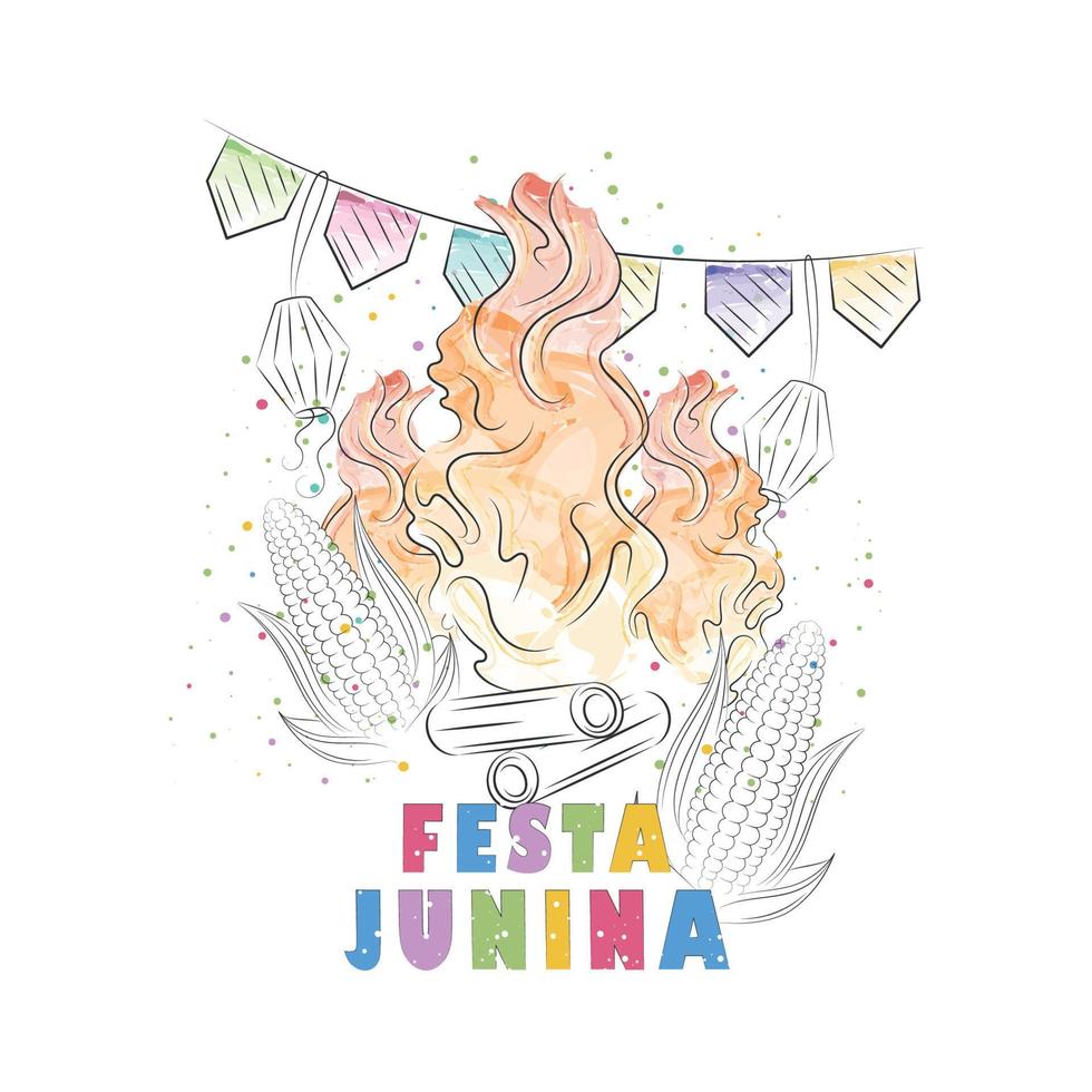 croquis de feu de camp aquarelle et ornements de célébration vecteur d'affiche festa junina