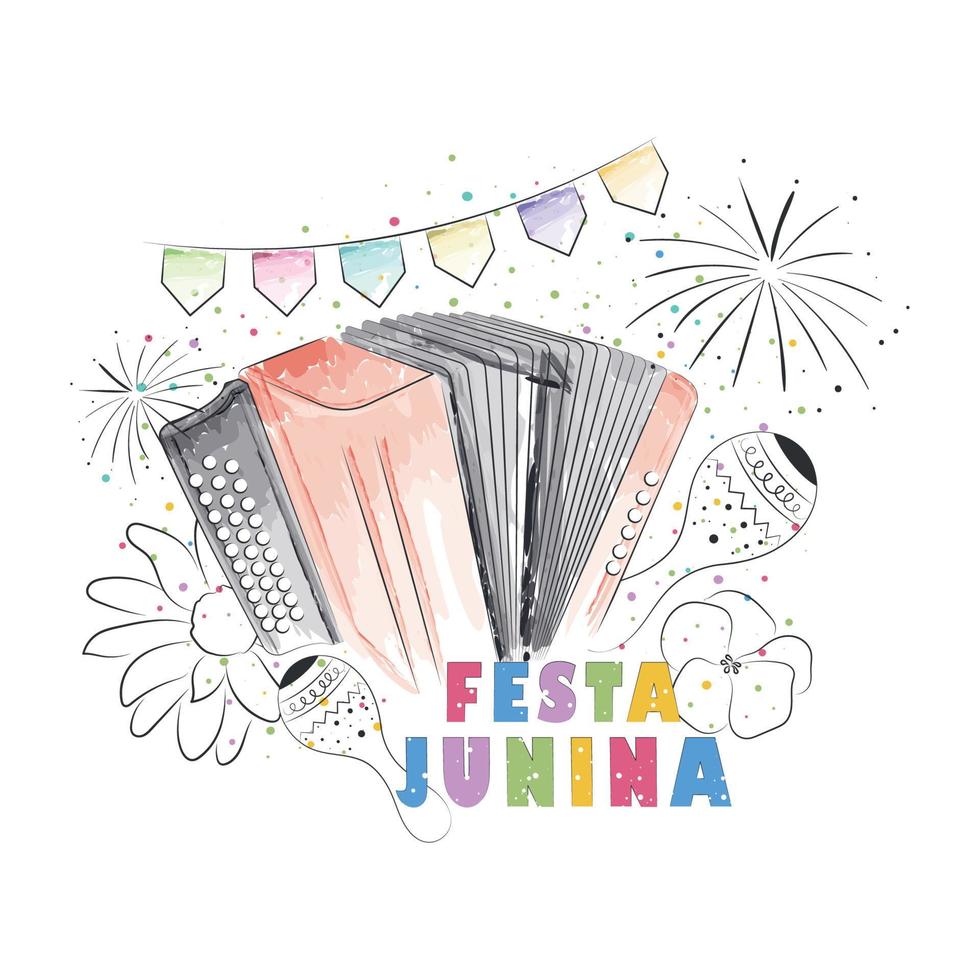 croquis à l'aquarelle d'une illustration vectorielle d'accordéon festa junina affiche vecteur