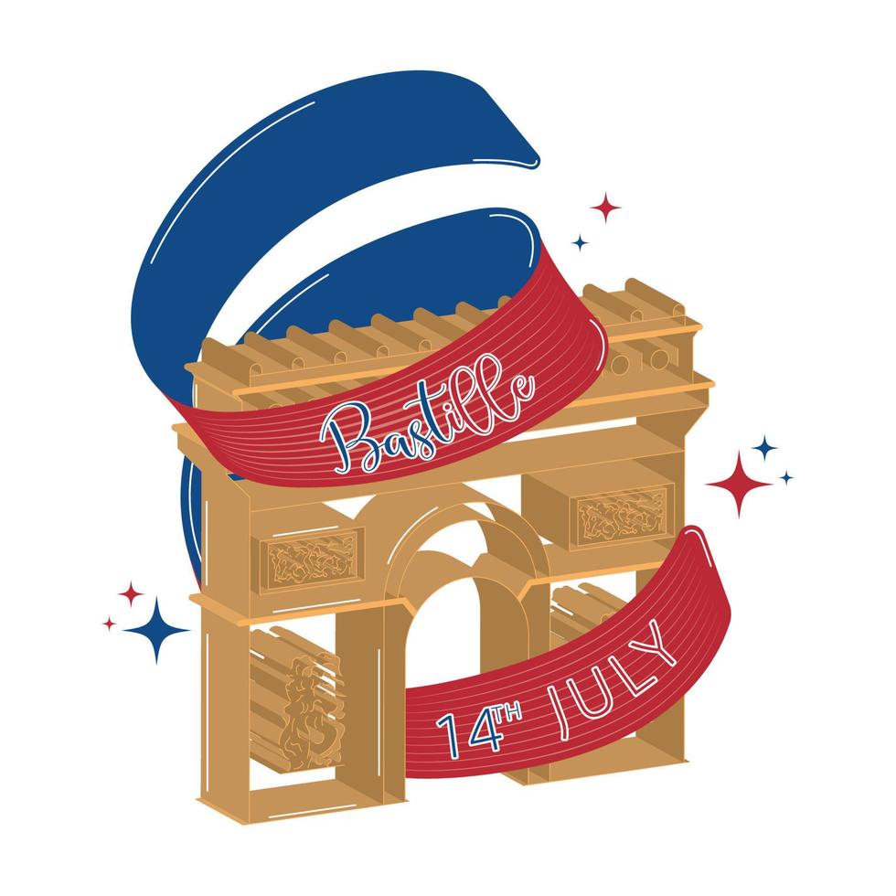 arc de triomphe isolé bâtiment repère avec une illustration vectorielle de ruban bastille day vecteur