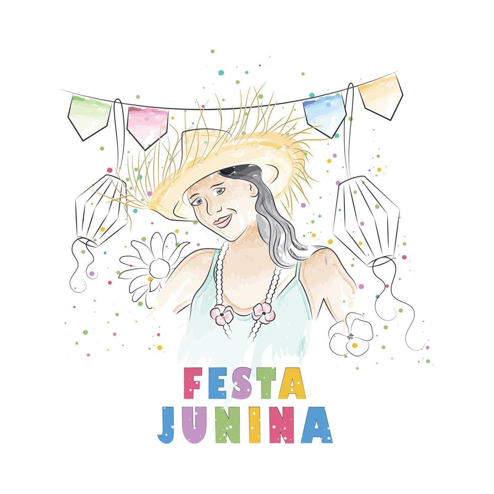 aquarelle fille avec chapeau d'été et ornements festa junina affiche illustration vectorielle vecteur