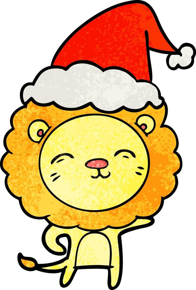 caricature texturée d'un lion portant un bonnet de noel vecteur