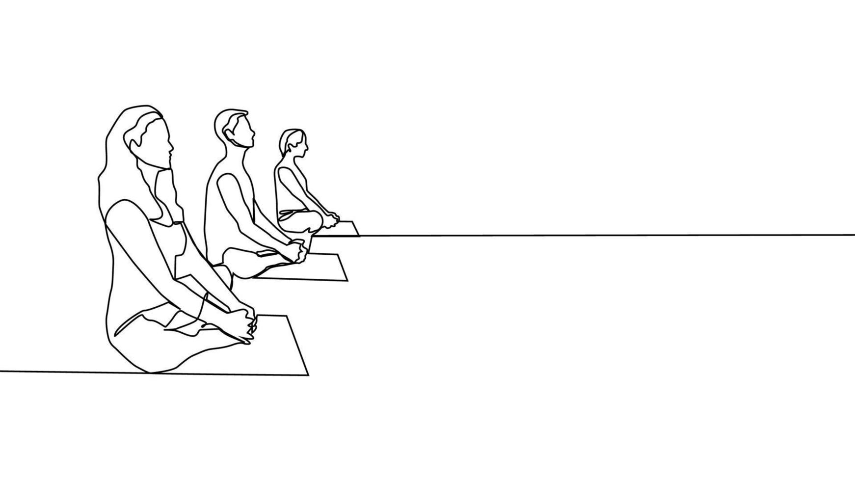 yoga, femme, homme pratique le yoga assis dans la position du lotus. dessin au trait continu vecteur