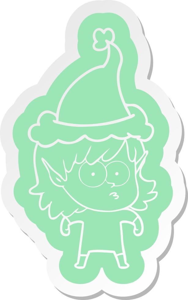 autocollant de dessin animé d'une fille elfe regardant fixement portant un bonnet de noel vecteur