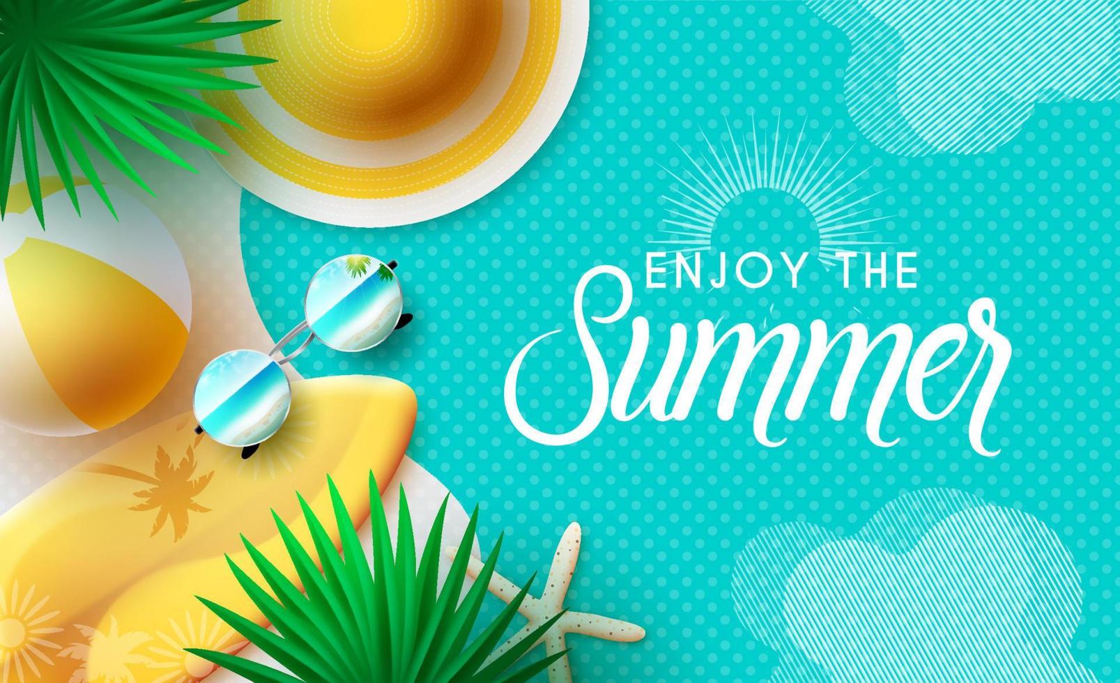 conception de fond de vecteur d'été. profitez du texte d'été en motif bleu avec des éléments de chapeau, de ballon de plage et de planche de surf pour les vacances de la saison tropicale. illustration vectorielle.