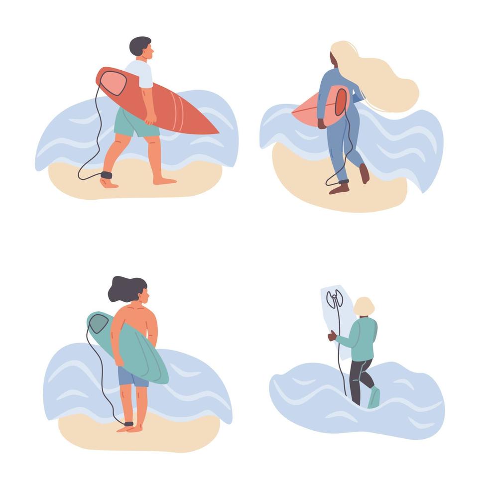 Ensemble de style plat vectoriel de surf homme femme enfant surfeurs silhouettes de couleur avec vagues planche de surf et bord de mer. conception de minimalisme les gens restent ou marchent avec une illustration de planche de surf