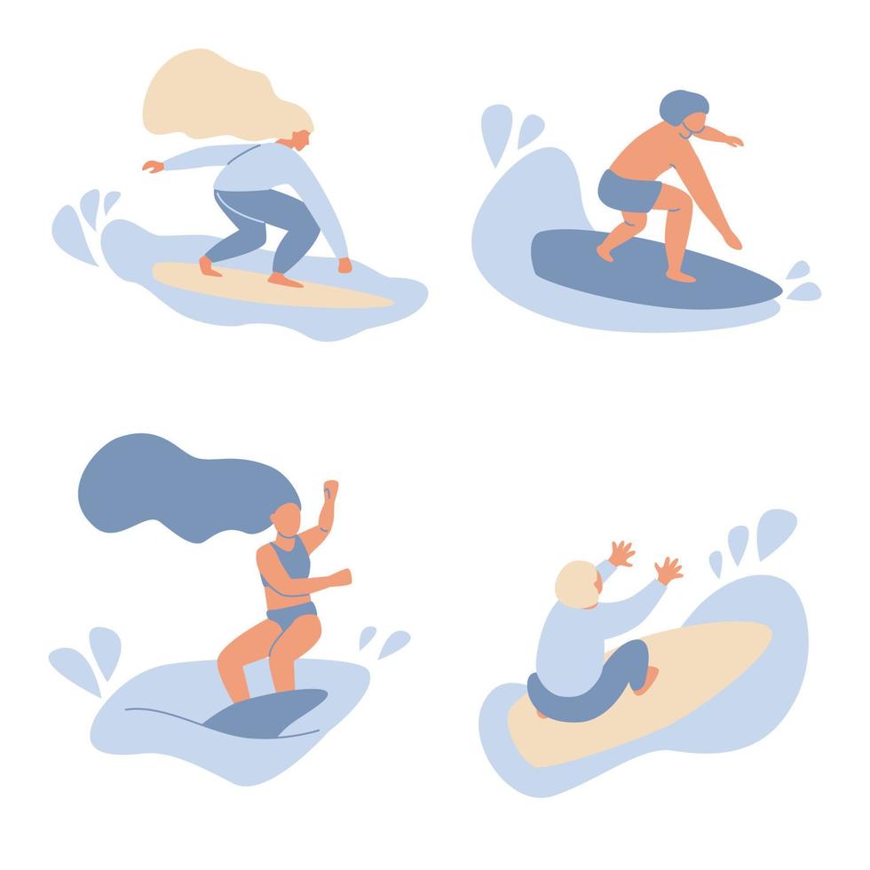 les surfeurs de style plat colorent des silhouettes simples avec des vagues ensemble d'homme et de femme de surf aux cheveux longs. conception minimaliste de wave riders dans différentes poses illustration vectorielle vecteur