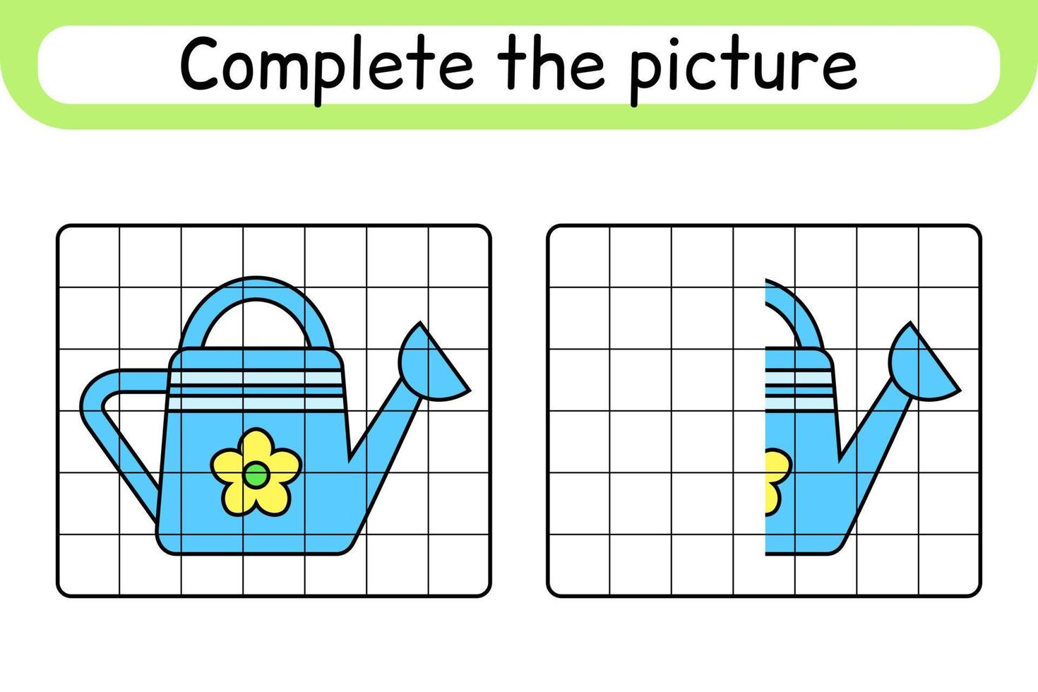 compléter le tableau arrosoir. copier l'image et la couleur. terminer l'image. livre de coloriage. jeu d'exercices de dessin éducatif pour les enfants vecteur
