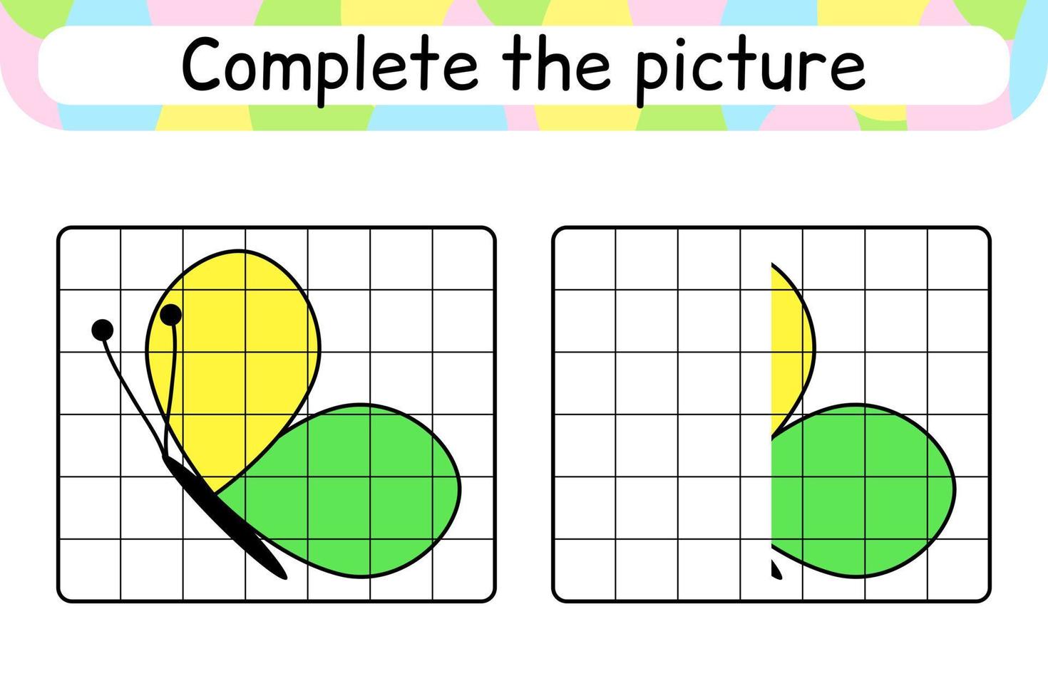 compléter le tableau papillon. copier l'image et la couleur. terminer l'image. livre de coloriage. jeu d'exercices de dessin éducatif pour les enfants vecteur