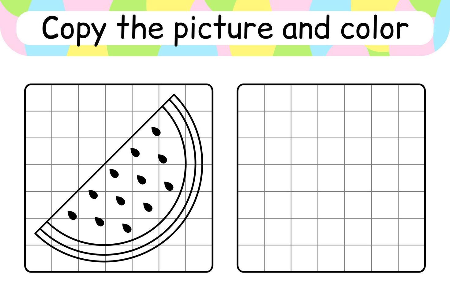 copiez l'image et colorez la pastèque. compléter le tableau. terminer l'image. livre de coloriage. jeu d'exercices de dessin éducatif pour les enfants vecteur