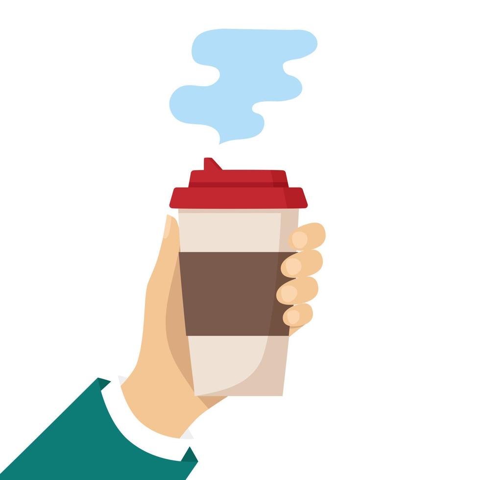 la main humaine tient une tasse de boisson chaude. gobelet en papier à café jetable avec la vapeur. concept de café à emporter. illustration de vecteur plat isolé sur fond blanc