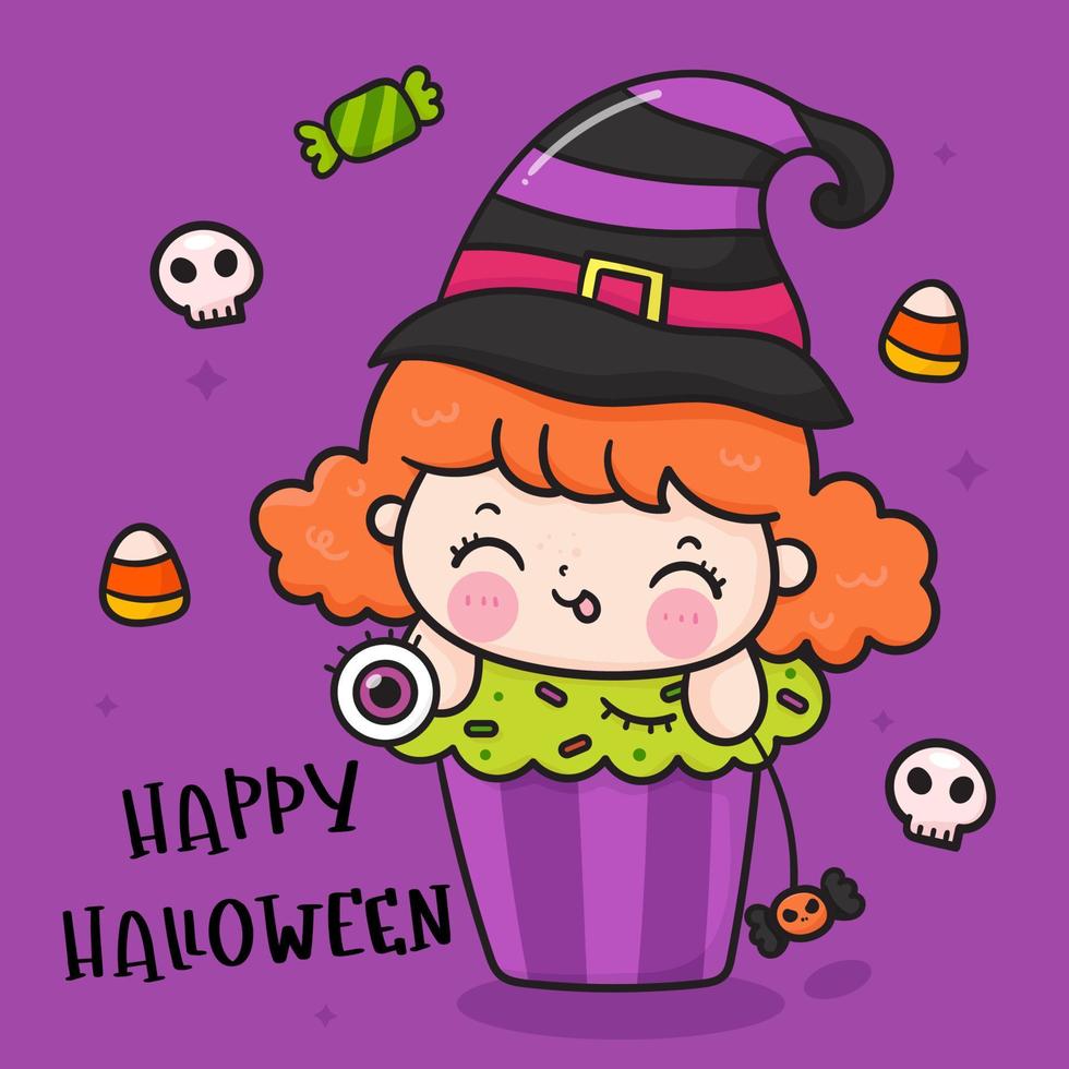 dessin animé de sorcière et cupcake d'halloween vecteur