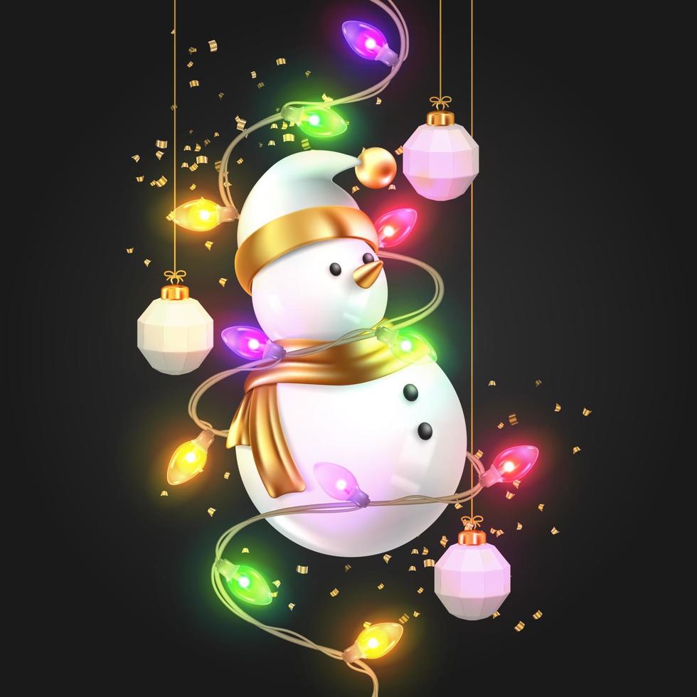 bonhomme de neige avec guirlande lumineuse et boule de noël. fond de noël. illustration vectorielle. vecteur