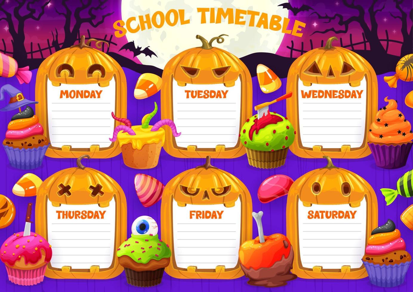 calendrier scolaire avec des bonbons de dessin animé halloween vecteur