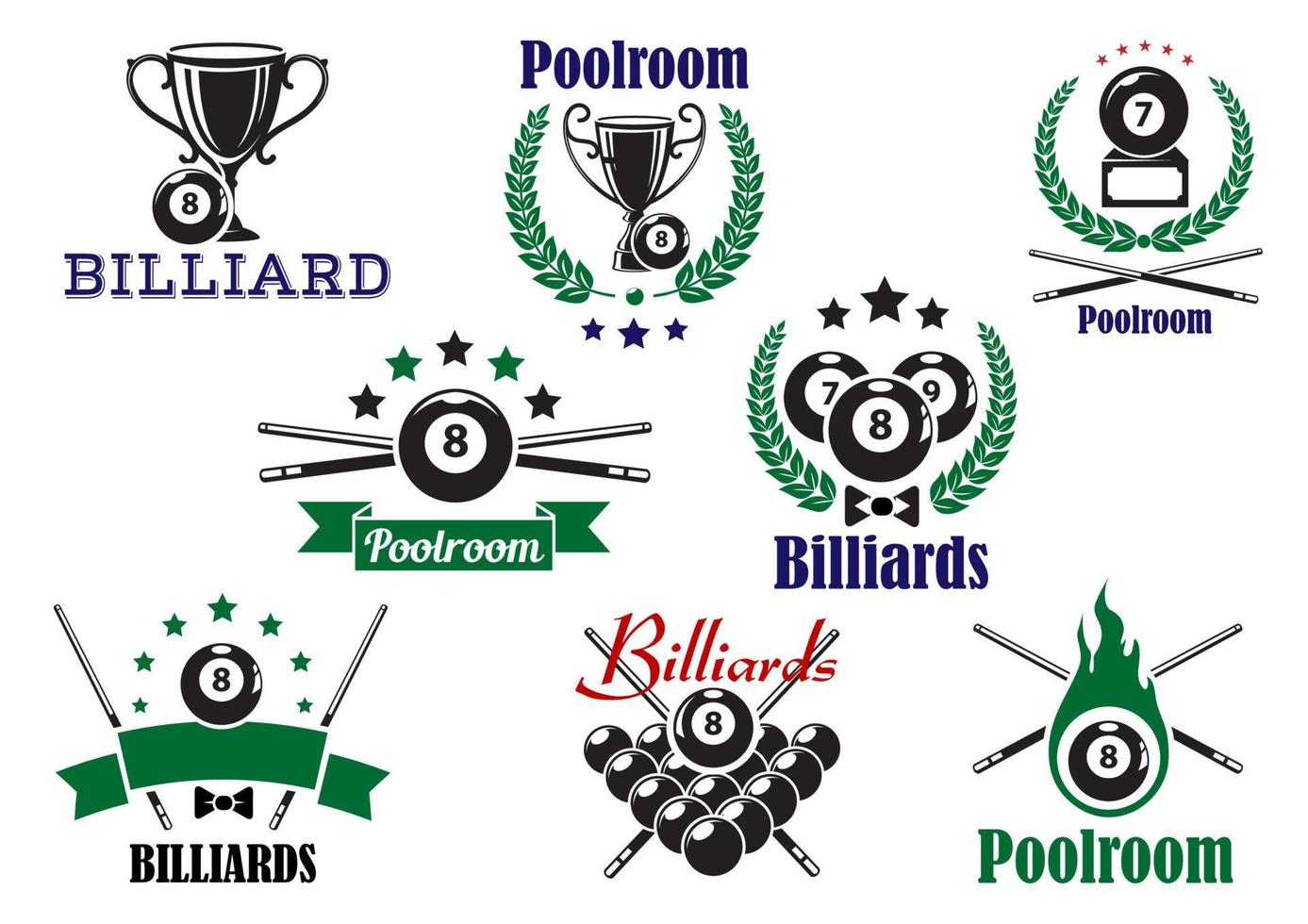jeu de billard ou icônes et symboles de la salle de billard vecteur