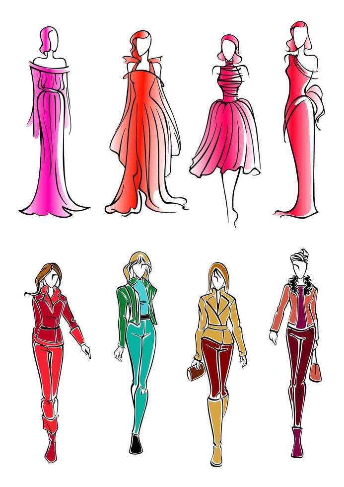 silhouettes colorées de croquis de filles à la mode vecteur