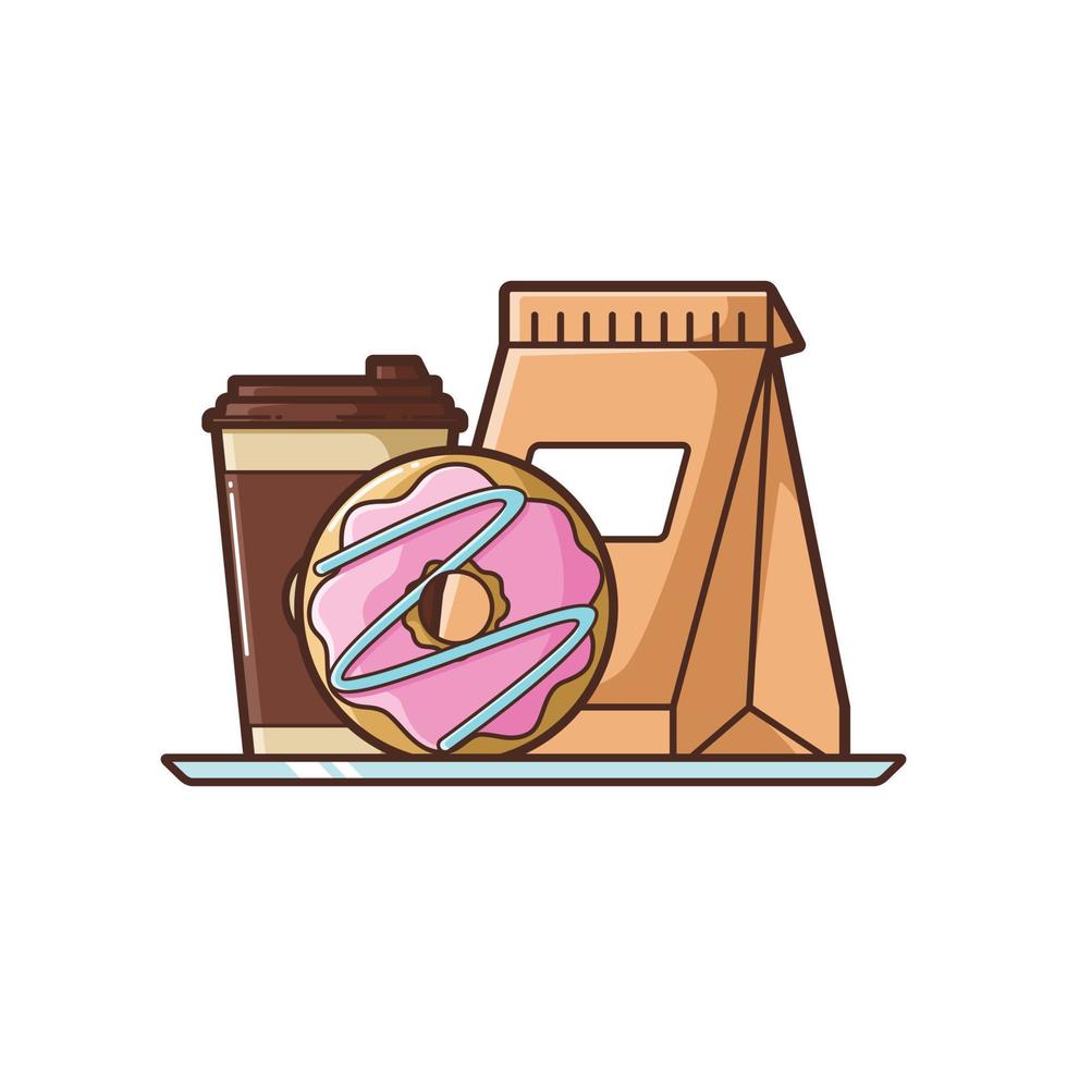 illustration de beignets et tasse de café à emporter. dessin animé vectoriel, illustration de restauration rapide isolée sur fond blanc. vecteur