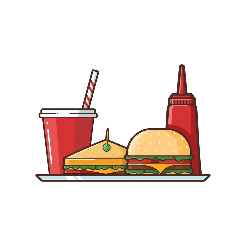 illustration d'un sandwich, d'un hamburger et d'une boisson non alcoolisée - conception d'illustration vectorielle - logo alimentaire vecteur