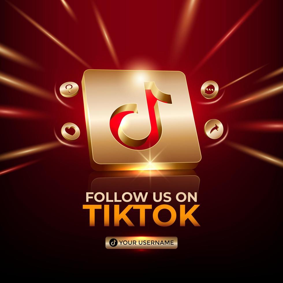 tiktok bannière carrée 3d icône dorée pour la promotion de la page d'entreprise publication sur les médias sociaux vecteur