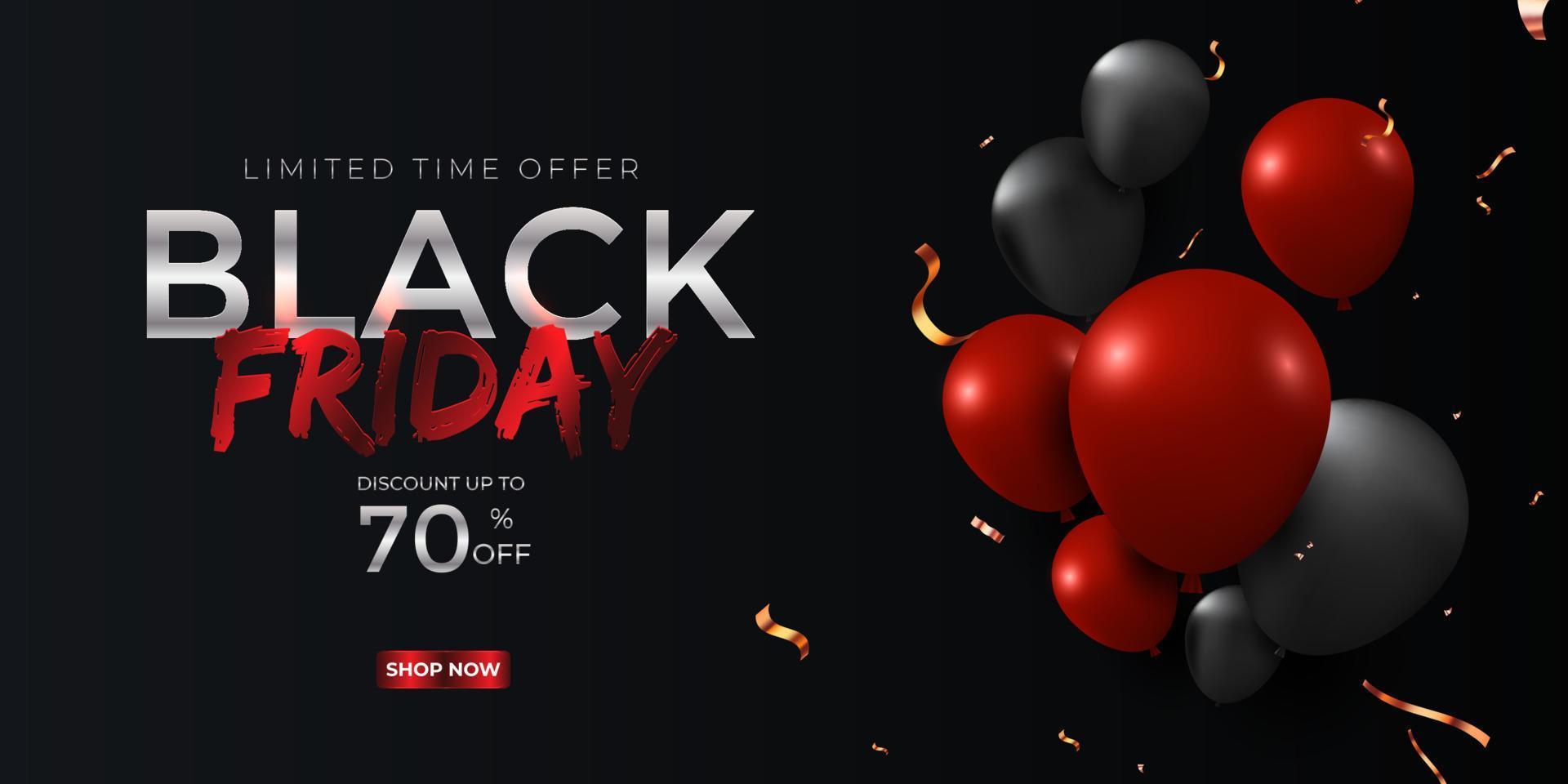 conception de bannière publicitaire de vente du vendredi noir avec des lettres de couleur rouge stylisées 3d et des ballons brillants vecteur