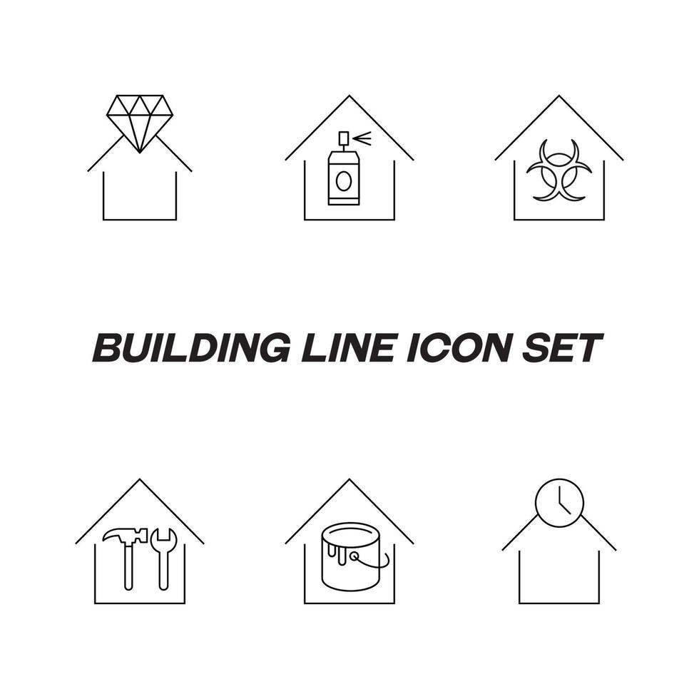 bâtiment en tant qu'établissement ou installation. jeu d'icônes de ligne comprenant des icônes de maisons, cliniques, ateliers, studios, magasins, café, laboratoire. signes de diamant, signe de danger, outils pour la construction, etc. vecteur