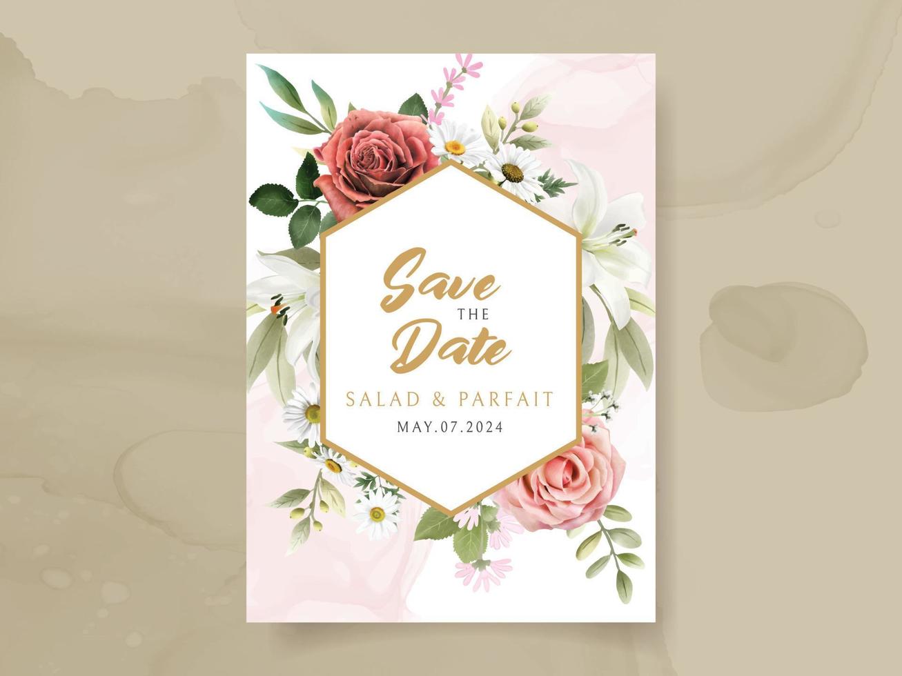 carte d'invitation de mariage avec de belles fleurs rouges et blanches et des feuilles de verdure aquarelle vecteur