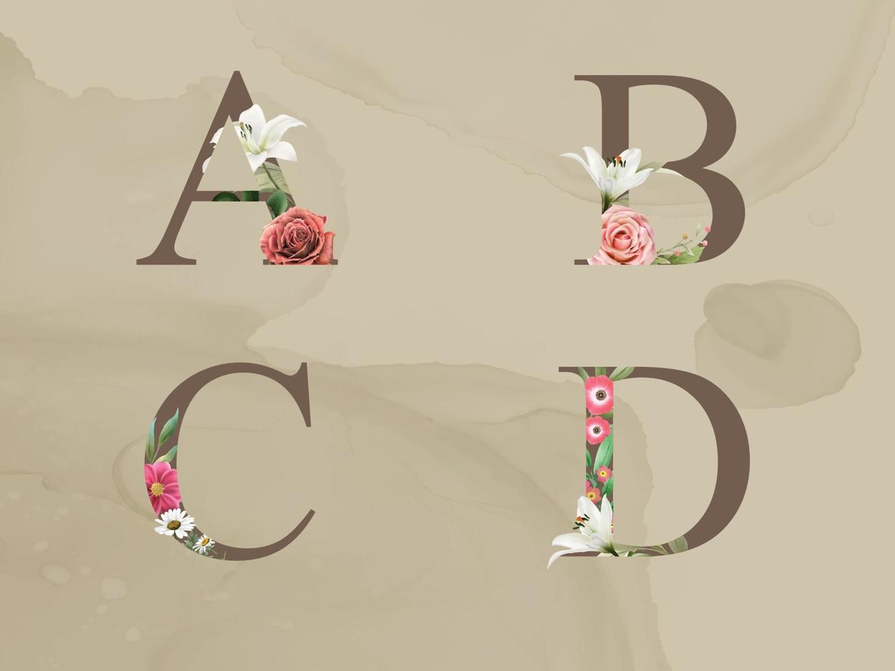 bel alphabet floral avec des fleurs rouges et blanches et des feuilles de verdure aquarelle vecteur