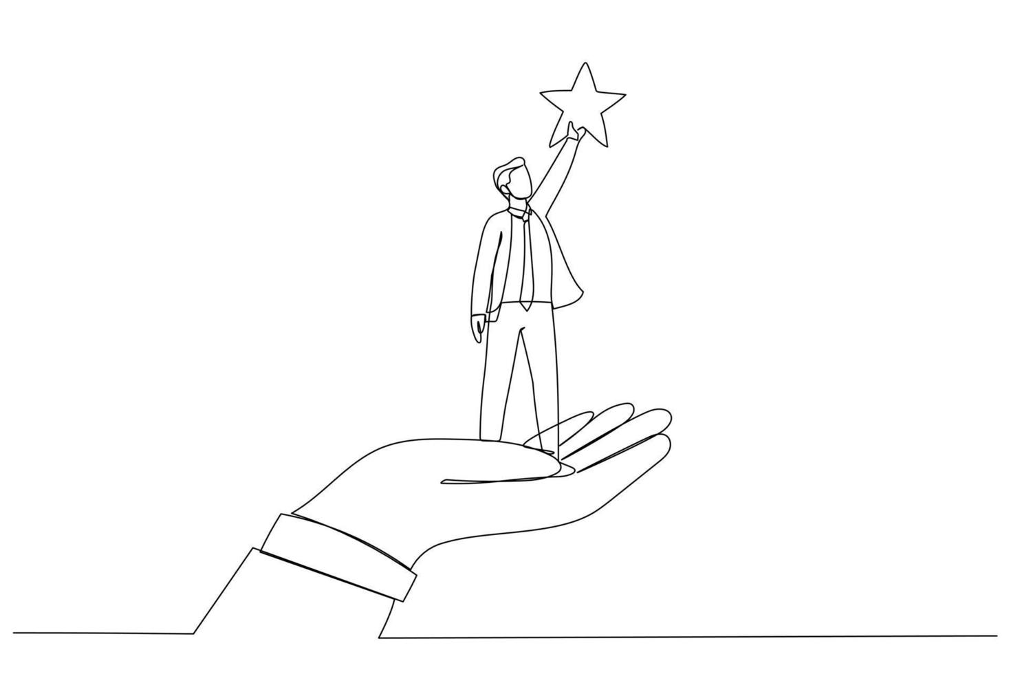 dessin d'une main géante aidant un homme d'affaires à atteindre les étoiles. style d'art en ligne unique vecteur