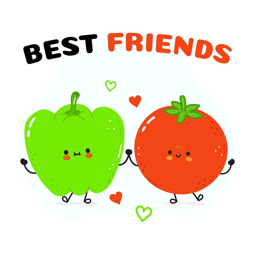 carte poivron vert et tomate. conception d'icône d'illustration de personnage de dessin animé de style doodle dessinés à la main de vecteur. carte de concept d'amis heureux de poivron vert et de tomate vecteur