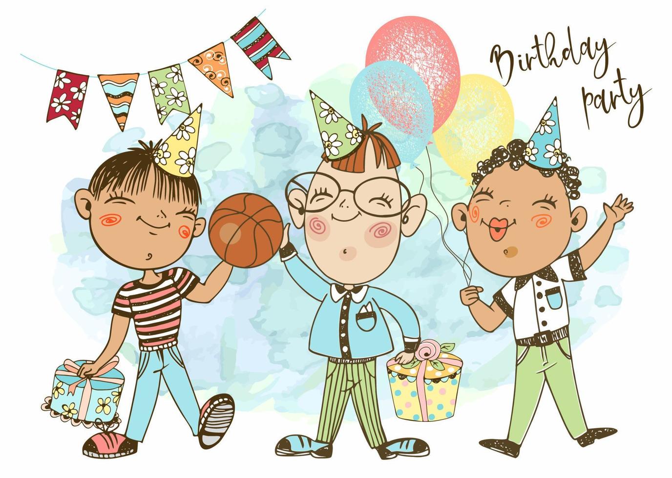 une carte d'anniversaire. fête d'anniversaire. des garçons drôles dans des chapeaux de fête avec des ballons, des drapeaux et des cadeaux célèbrent leur anniversaire. vecteur. vecteur