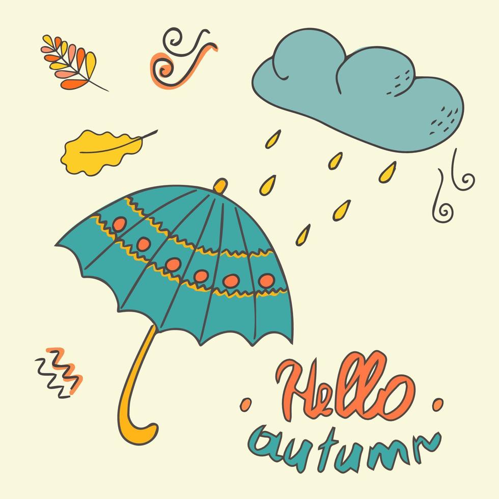 Bonjour automne. parapluie sous la pluie avec un nuage. bannière, affiche ou conception avec un espace pour le texte.dessiné à la main dans un style doodle. illustration isolée. vecteur