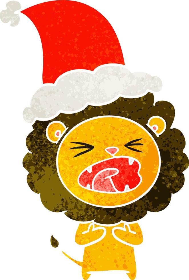 dessin animé rétro d'un lion portant un bonnet de noel vecteur