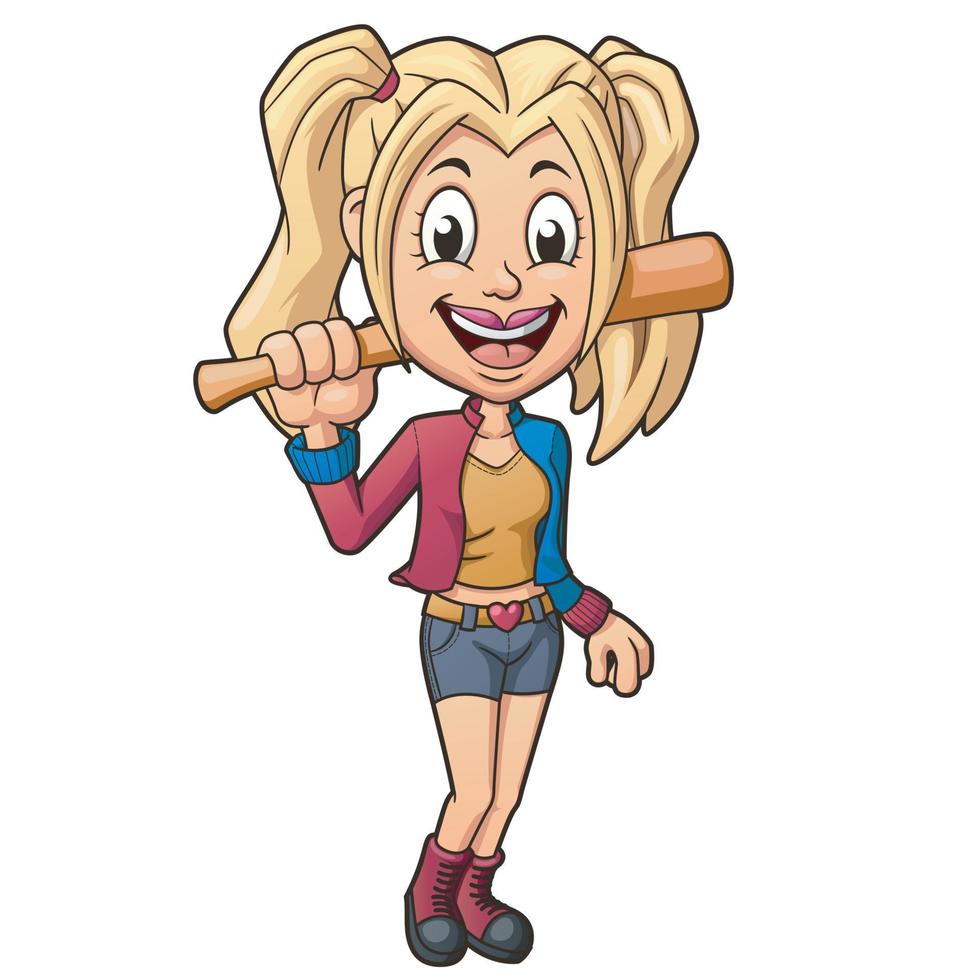 enfant avec un maquillage mignon, posant et tenant une batte de baseball, personnage de clip art. illustration vectorielle vecteur