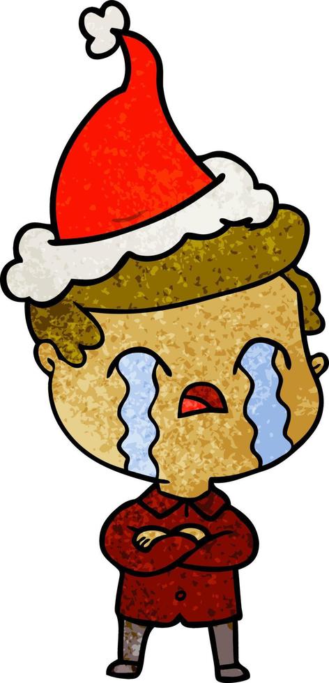 dessin animé texturé d'un homme qui pleure portant un bonnet de noel vecteur