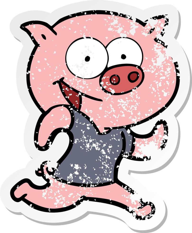 autocollant en détresse d'un cochon joyeux exerçant un dessin animé vecteur